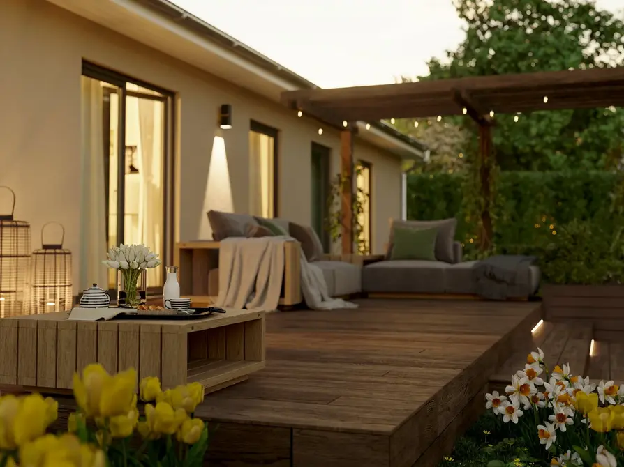 Detailansicht in Abendstimmung von Terrasse vom Bungalow 131
