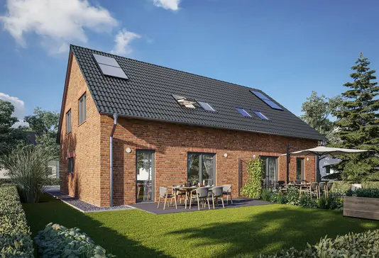 Doppelhaus-Behringen-116-Garten-Klinker Doppelhaus Behringen 116 mit Klinkerfassade