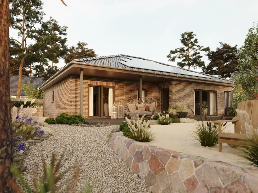 Bungalow 128 Gartenansicht mit Klinkerfassade in Cinder Kohle Eleganter Bungalow 128 mit dunkler Klinkerfassade Cinder Kohle, überdachte Terrasse und stilvolle Gartenanlage