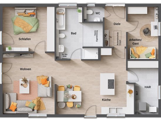 Bungalow 110 mit separatem Gästebereich, Gäste-WC und Bad mit Saunaoption