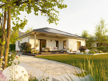 Winkelbungalow 108 – stilvoller Bungalow mit überdachter Terrasse und Gartenblick Gartenansicht des Winkelbungalow 108 mit überdachter Terrasse im geschützten Winkel, großen Fenstern und blühender Gartenanlage bei Sonnenuntergang.
