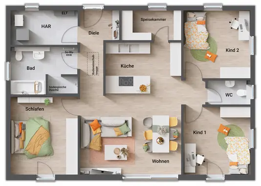 Grundriss Bungalow 110 mit Speisekammer, offener Küche, Gäste-WC und begehbarer Dusche