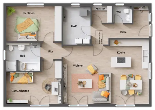 Bungalow 110 mit klarer Trennung von Wohn- und Schlafräumen sowie zwei großen Schlafzimmern